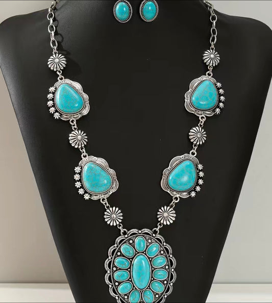 Turquoise Squash Blossom Necklace and Earring Set